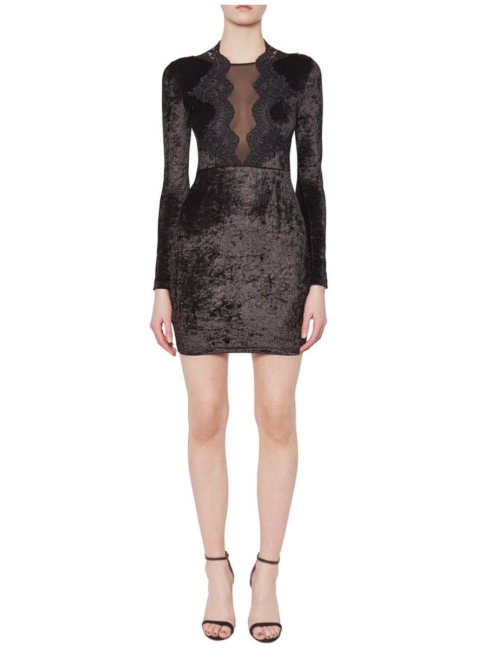 French Connection Black Velvet Lace-Trim Long Sleeve Dress - Women